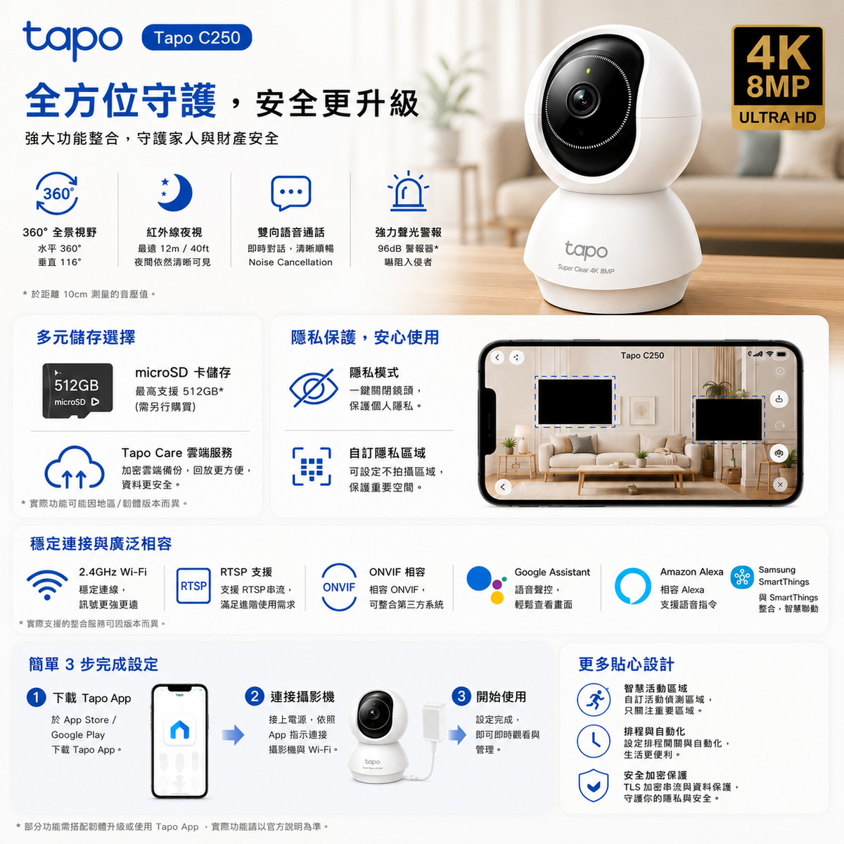 Tapo C250|4K 8MP AI 旋轉式 Wi-Fi 攝影機