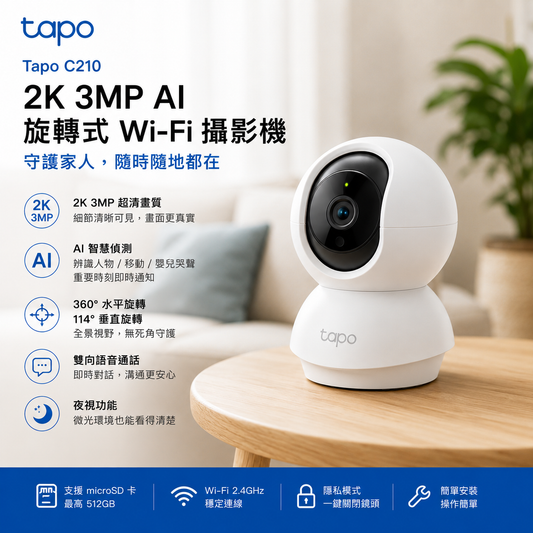 Tapo C210｜2K 3MP AI 旋轉式 Wi-Fi 攝影機
