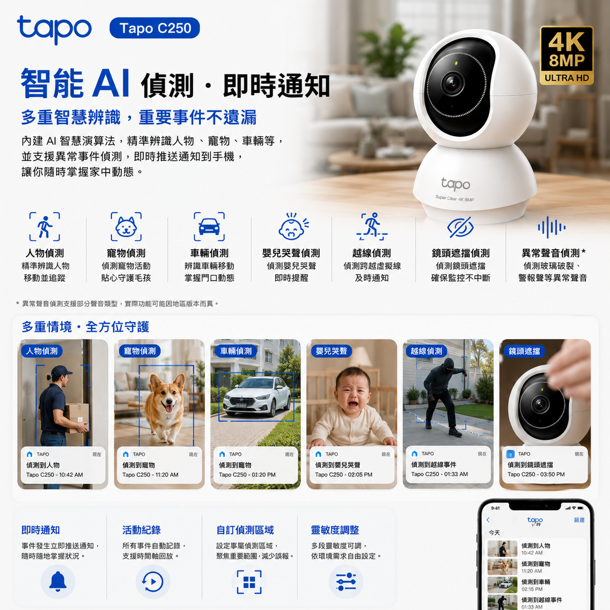Tapo C250｜4K 8MP AI 旋轉式 Wi-Fi 攝影機